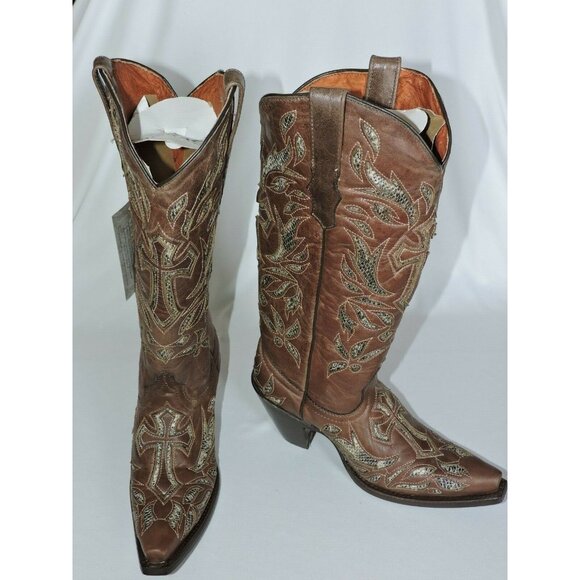 Cowboy Pro Cowgirl Boots Size 6.5 Brown Leather Python Cross Snip Toe Western - Picture 7 of 12